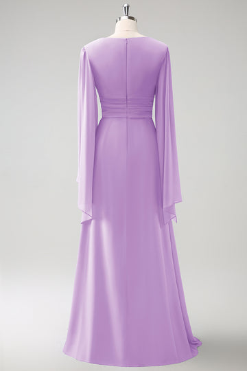 A Line Lilac Long Sleeves Chiffon Bridesmaid Dress with Slit